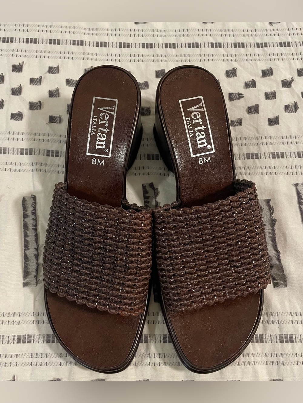 Vintage Vertan Italia Brown Woven Shimmer Wedge Slide Sandals - Size 8M